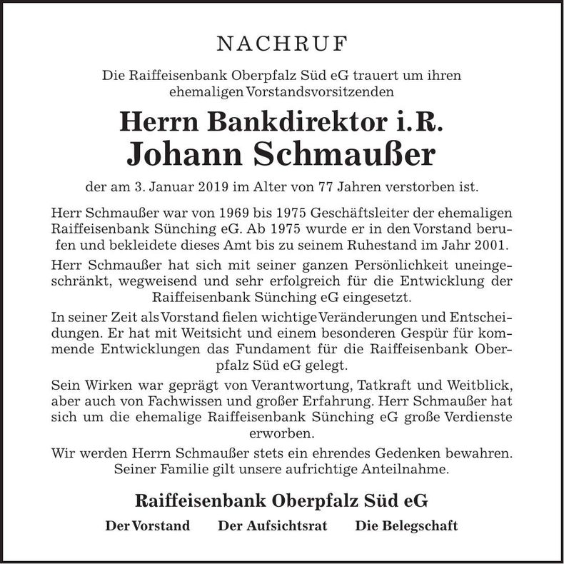 Traueranzeige Johann Schmaußer