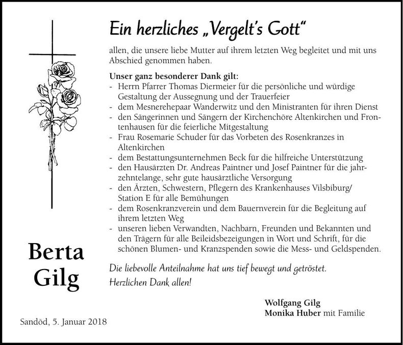 Traueranzeige Berta Gilg