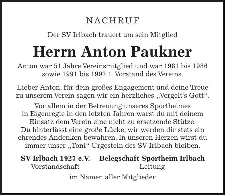 Traueranzeige Anton Paukner