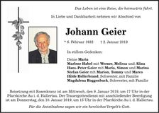 Traueranzeige Johann Geier
