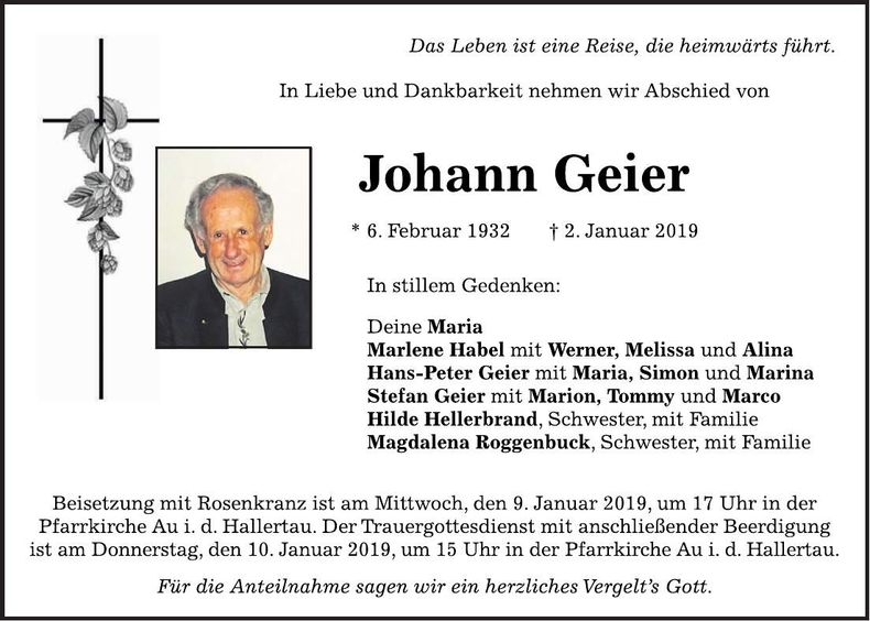 Traueranzeige Johann Geier