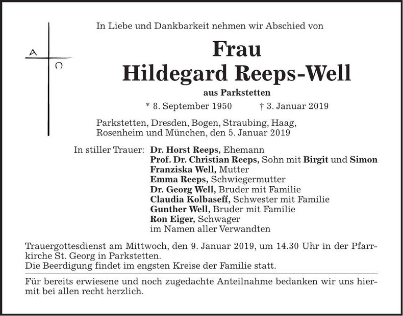 Traueranzeige Hildegard Reeps-Well