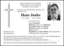 Traueranzeige Hans Janke