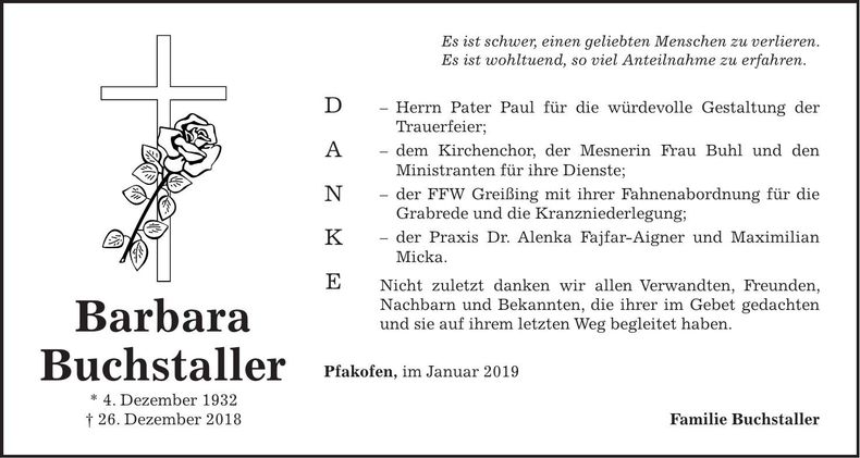 Traueranzeige Barbara Buchstaller