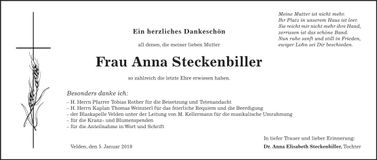 Traueranzeige Anna Steckenbiller