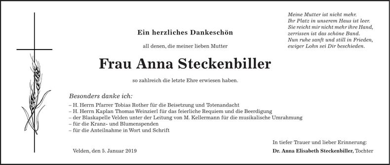 Traueranzeige Anna Steckenbiller