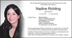 Traueranzeige Nadine Richling