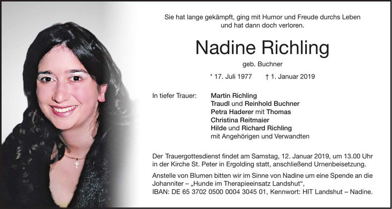 Traueranzeige Nadine Richling