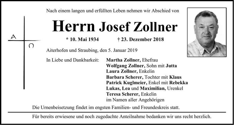 Traueranzeige Josef Zollner
