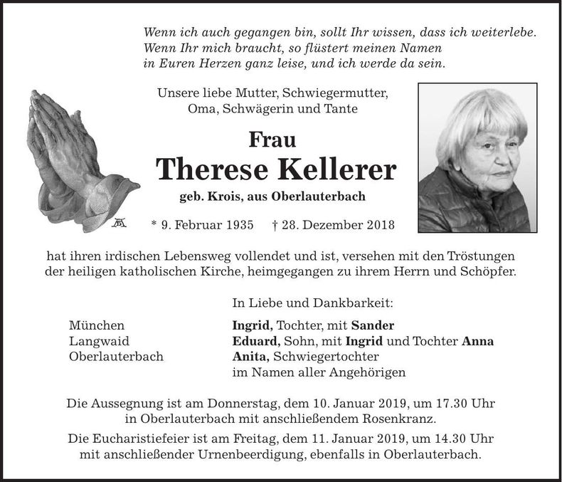 Traueranzeige Therese Kellerer