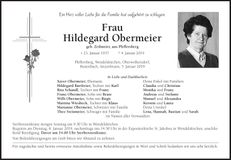 Traueranzeige Hildegard Obermeier