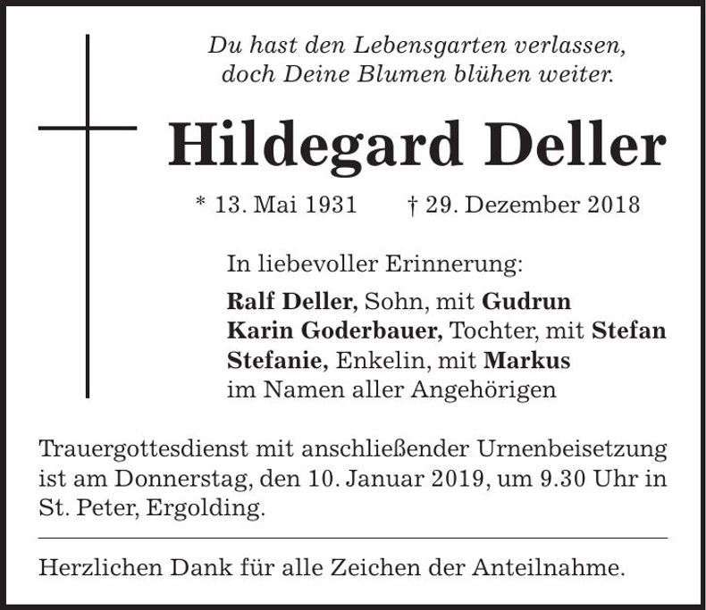 Traueranzeige Hildegard Deller