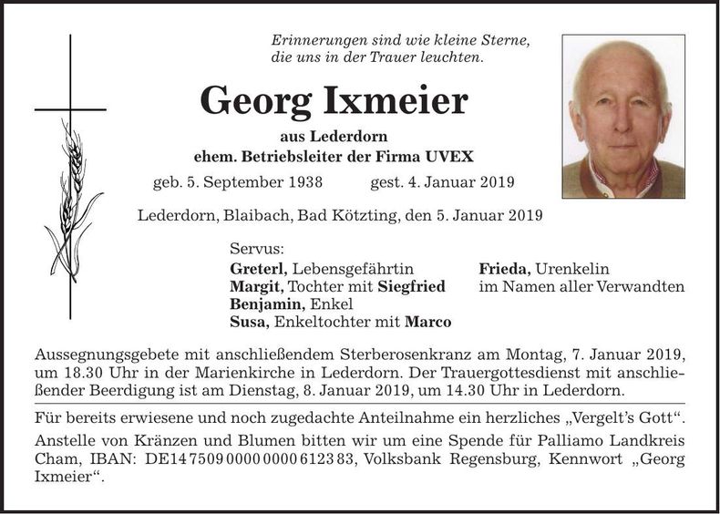 Traueranzeige Georg Ixmeier