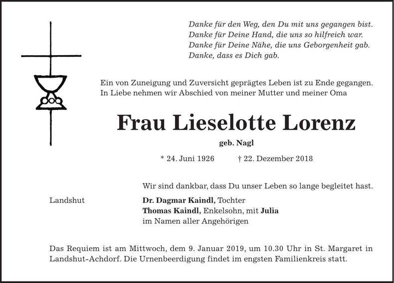 Traueranzeige Lieselotte Lorenz