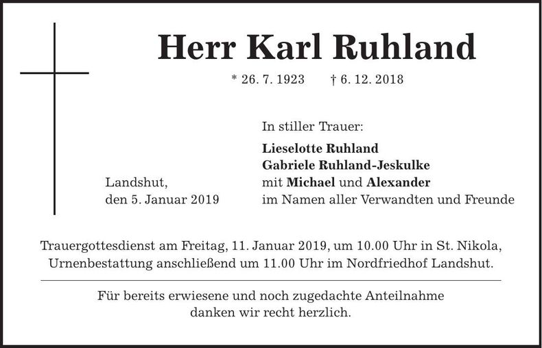 Traueranzeige Karl Ruhland