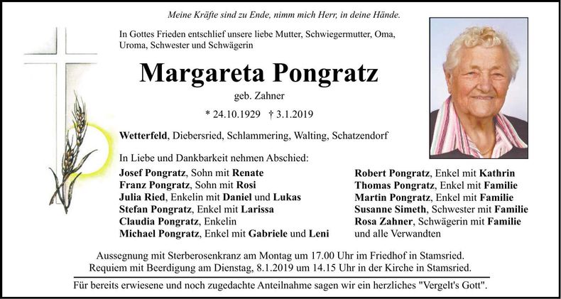 Traueranzeige Margareta Pongratz