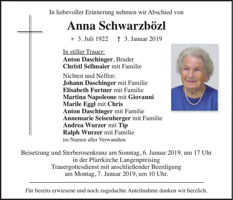 Traueranzeige Anna Schwarzbötzl