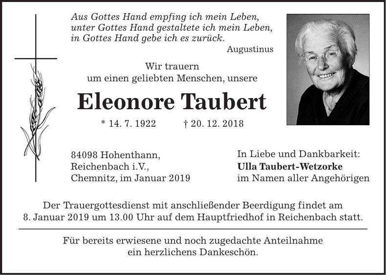 Traueranzeige Eleonore Taubert