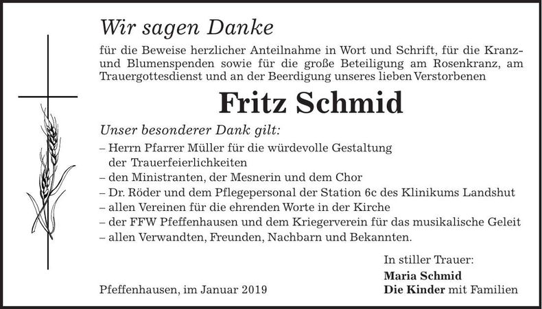 Traueranzeige Fritz Schmid