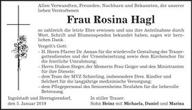 Traueranzeige Rosina Hagl