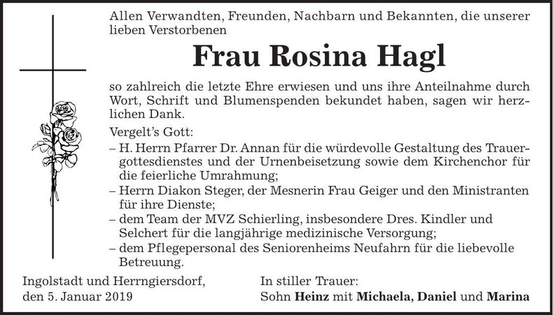 Traueranzeige Rosina Hagl