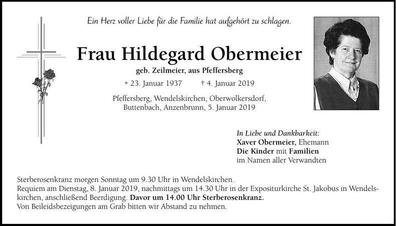 Traueranzeige Hildegard Obermeier