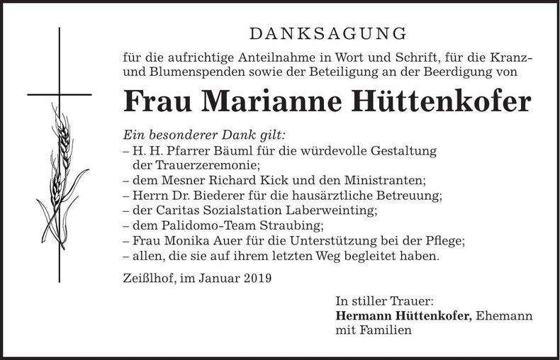 Traueranzeige Marianne Hüttenkofer