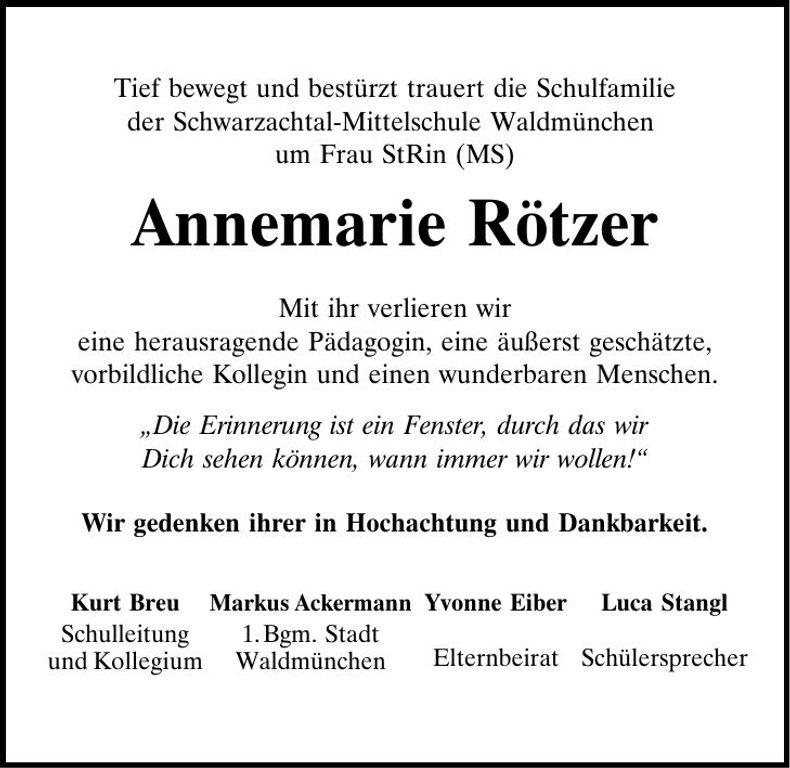 Traueranzeige Annemarie Rötzer
