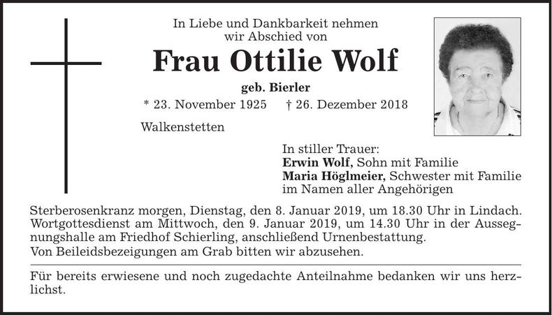 Traueranzeige Ottilie Wolf