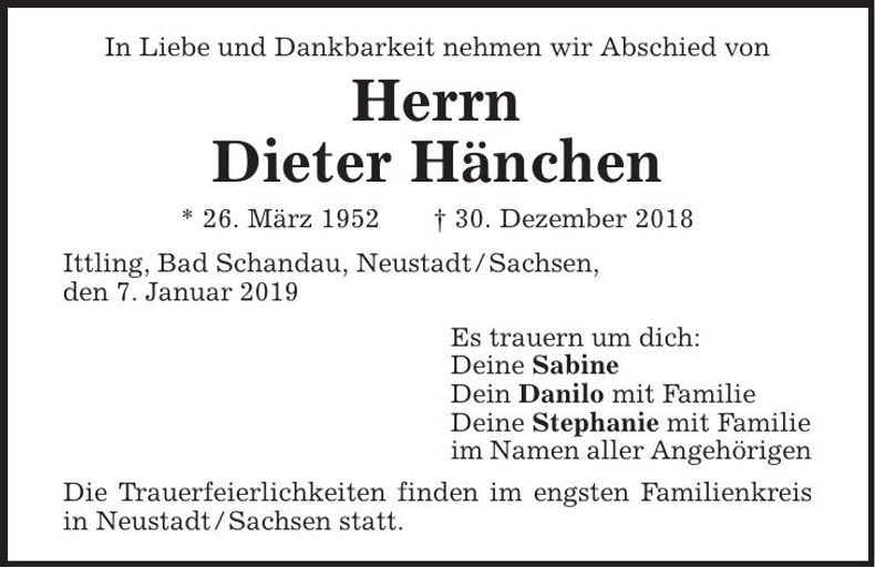 Traueranzeige Dieter Hänchen