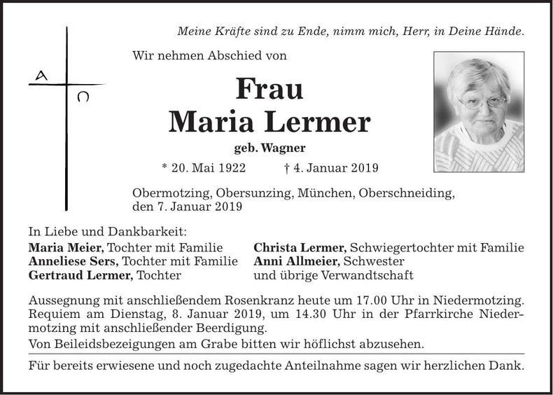 Traueranzeige Maria Lermer