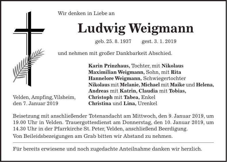 Traueranzeige Ludwig Weigmann