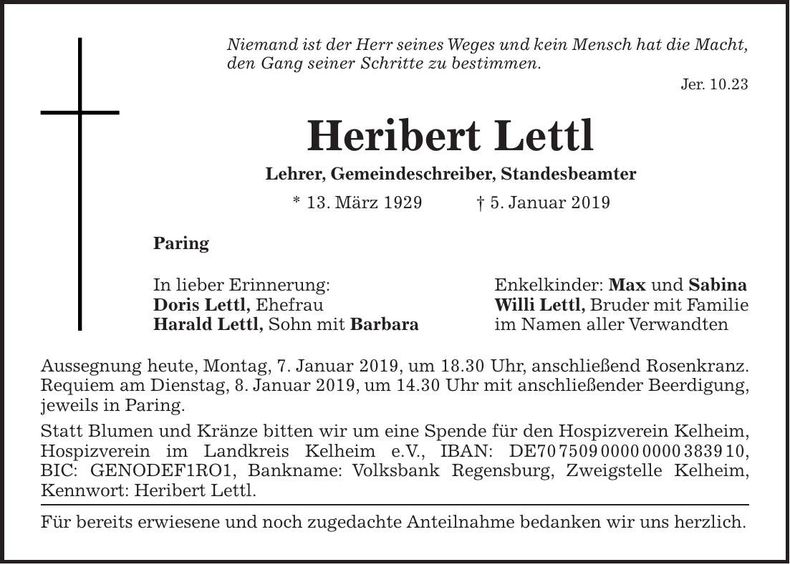 Traueranzeige Heribert Lettl