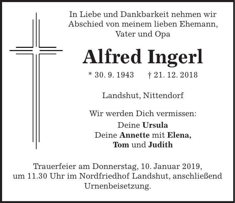 Traueranzeige Alfred Ingerl