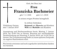 Traueranzeige Franziska Bachmeier