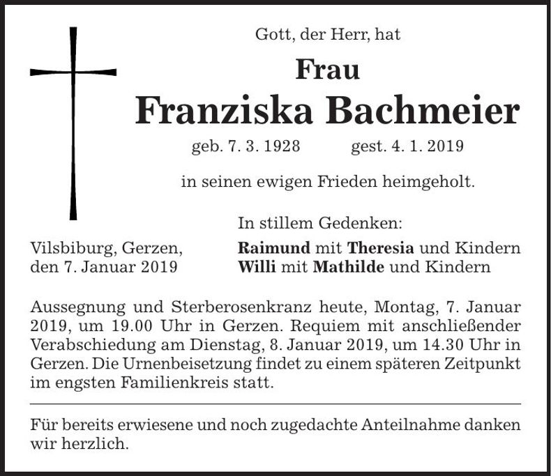 Traueranzeige Franziska Bachmeier