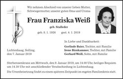 Traueranzeige Franziska Weiß