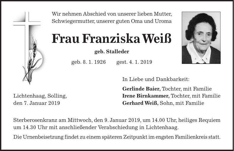 Traueranzeige Franziska Weiß