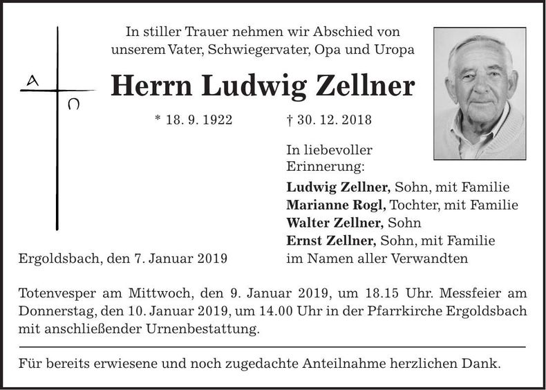 Traueranzeige Ludwig Zellner