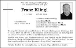 Traueranzeige Franz Klingl