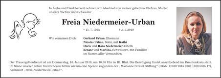 Traueranzeige Freia Niedermeier-Urban