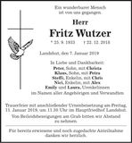 Traueranzeige Fritz Wutzer