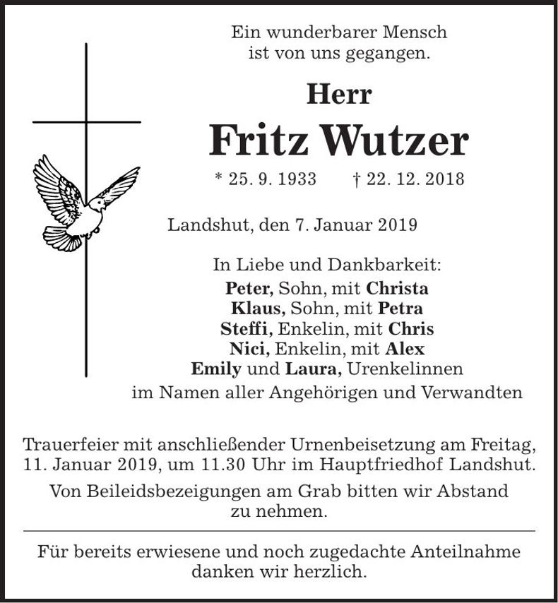 Traueranzeige Fritz Wutzer