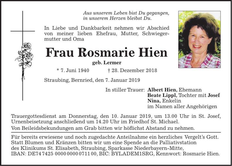 Traueranzeige Rosmarie Hien