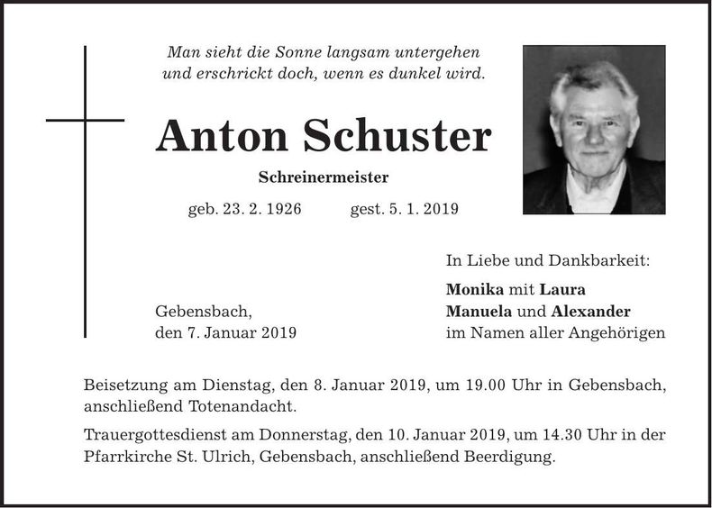Traueranzeige Anton Schuster