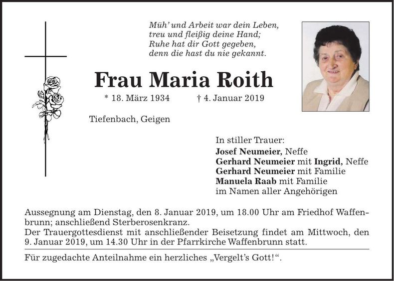 Traueranzeige Maria Roith