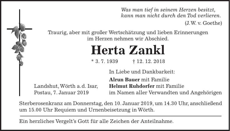 Traueranzeige Herta Zankl