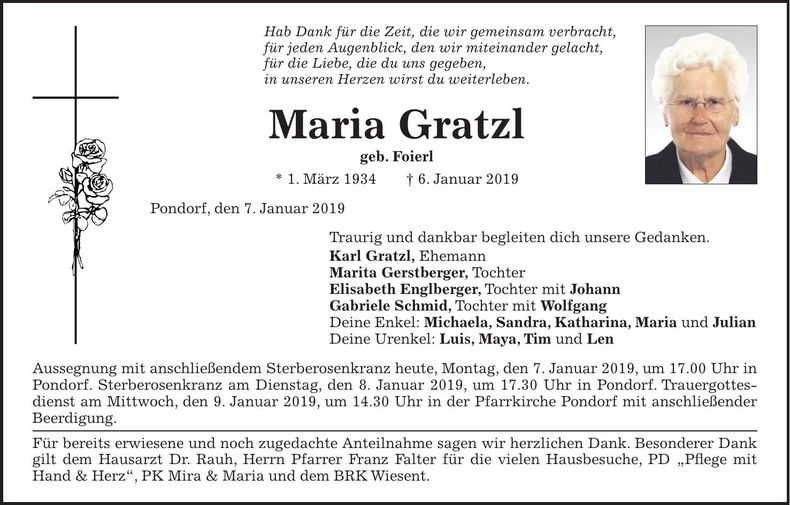 Traueranzeige Maria Gratzl