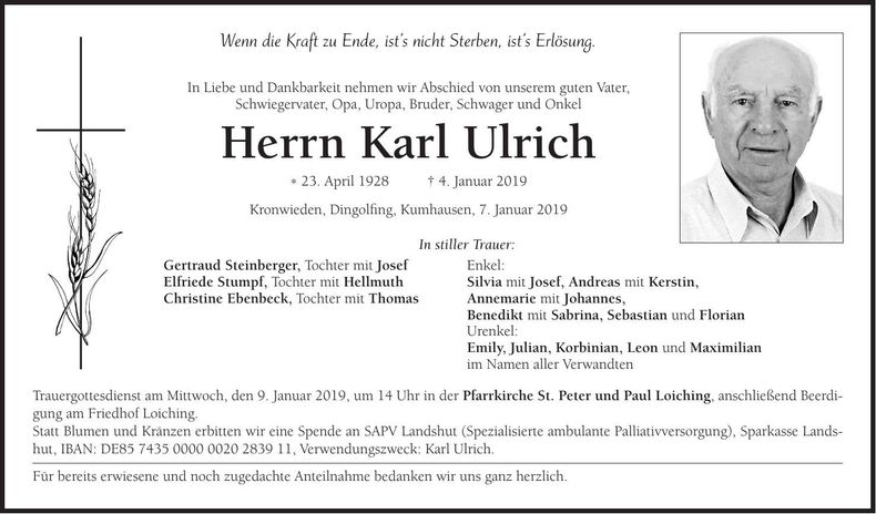 Traueranzeige Karl Ulrich