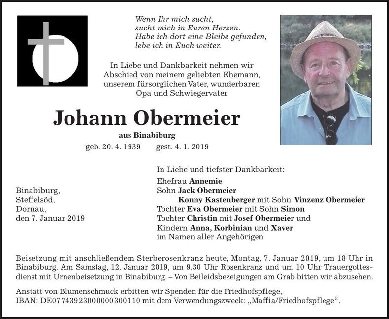 Traueranzeige Johann Obermeier